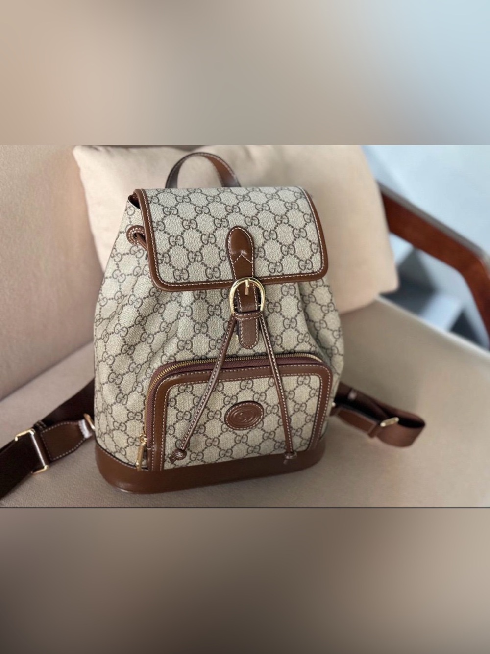 Gucci Beige GG Canvas Backpack with Brown Leather Trim
